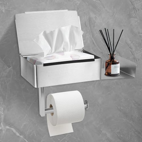 Portarrollos de papel higiénico autoadhesivo de acero inoxidable con caja de toallitas húmedas y soporte para teléfono para baño e inodoro