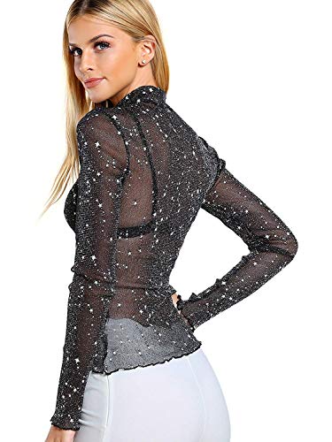 Floerns Women's Star Mesh See Through Mock Neck Long Sleeve Tops Tee T-Shirt A Black M