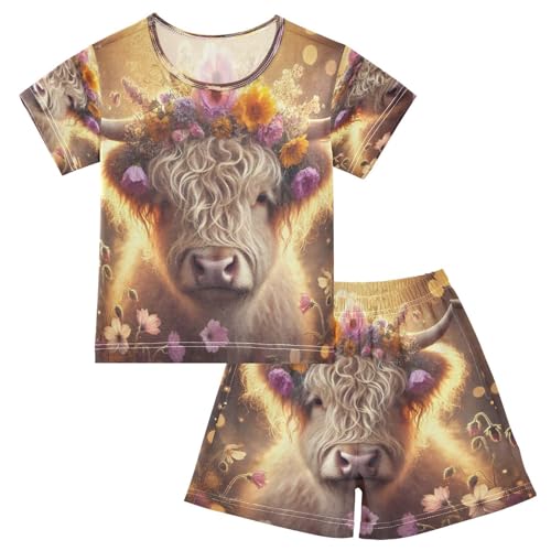 Highland Cow Pajama Set Short Sleeve Pajamas Shorts Sets Cotton Soft Loungewear Sleepwear 5Y