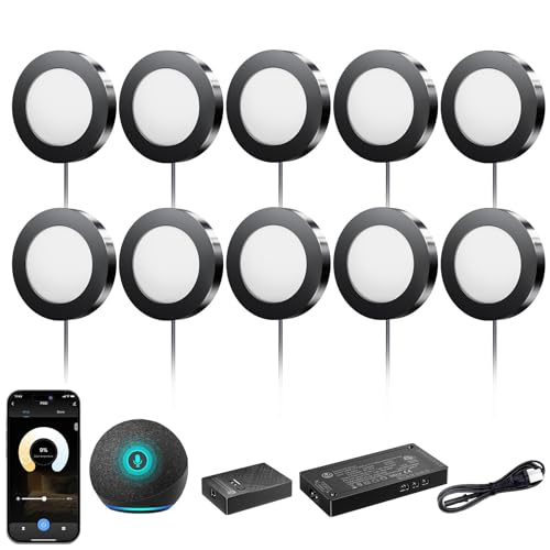 VST Smart Under Cabinet Lighting Work with Alexa Google Home Assistant App Remote Control, Recessed or Surface Mount 12V 2W/pc Puck Light for Kitchen Under Counter, Display Case, 10 Pack 3000K~6000K.