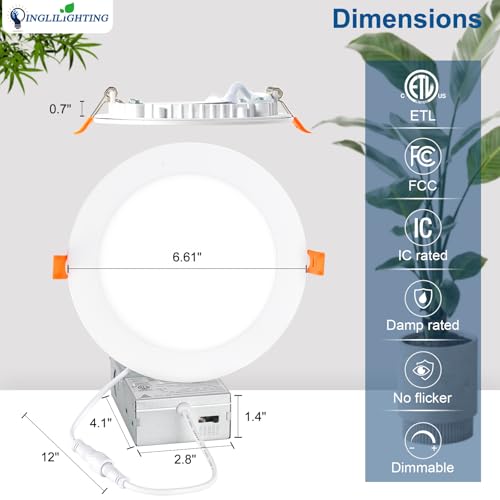 dllt led recessed ceiling lights 12 pack 6 inch 5cct ultra-thin lighting with junction box for bedroom - 1200lm brightness 12w eqv 110w dimmable canless wafer downlight with etlampfcc