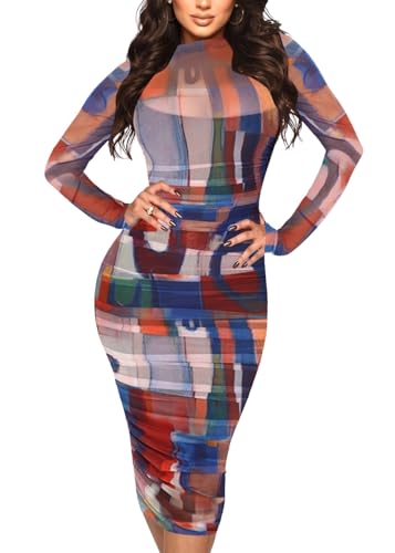 Image of MOEENCN Sexy Long Sleeve Midi Dress for Women Sheer Mesh Printed 2 Piece Skirt Set Crew Neck See Through Bodycon Party