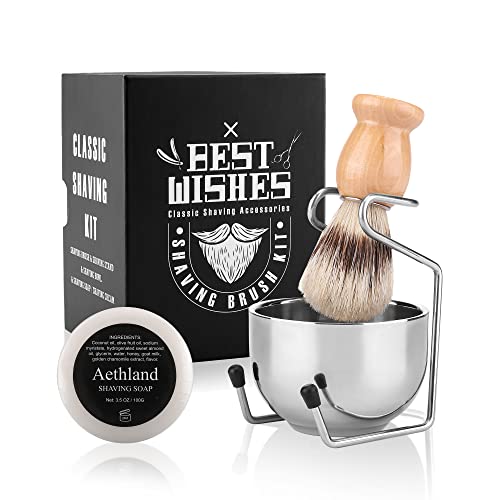Aethland Shaving Brush Set for Men, 4 in1 Include 100g Shaving soap, Badger Shaving Brush and Stainless Steel Shaving Stand & Shaving Bowl for Husband Birthday Boyfriend Father's Day Gifts?Upgrade W)
