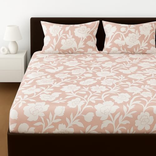 Image of Elastic Fitted Bedsheets with 2 King Size Pillow Covers | Double Bed with All Around Elastic, Size 72 x 78 x 8 Inches (Pink Floral)