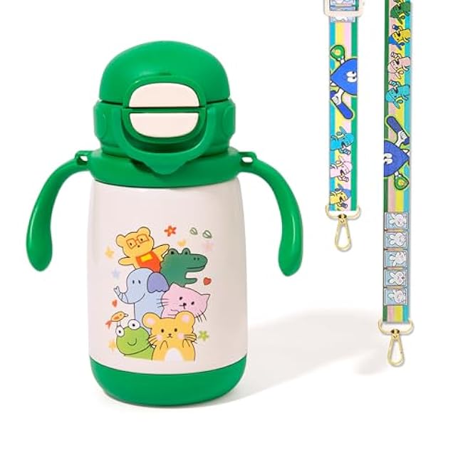 13oz Kids Insulated Water Bottle, 2-in-1 Straw & Spout Lid, with Shoulder Strap and Handle, 316 Stainless Steel Water Bottle for Toddler, Sports, Travel, and School (Green - Animals)