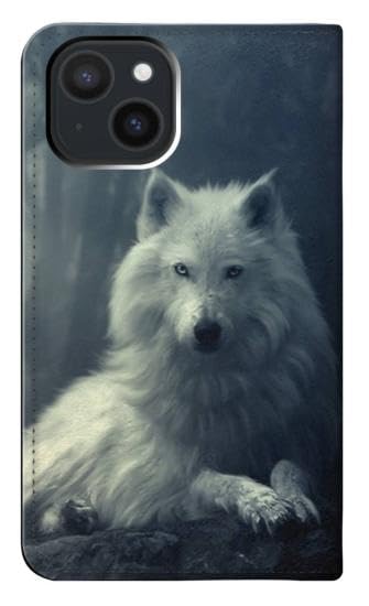 Étui iPhone 15 White Wolf en cuir avec clapet de protection intégral