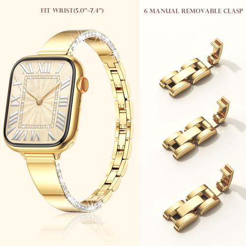 Image of VISOOM Gold Apple Watch Bands Iwatch Bracelet for Women 42 /41 /40 /38mm, Jewelry Metal T-Shaped Bands for Dressy Apple watch Series SE 11 /10 /9 /8 /7~1 Band Thin Slim Fancy Bling Women On Daily /Gift
