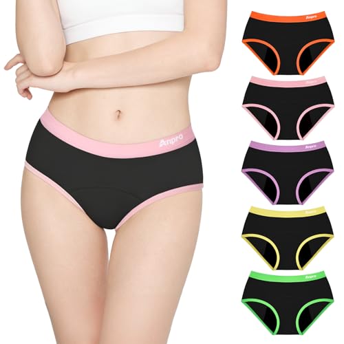Anpro Menstrual Period Pants for Teenagers Soft Cotton Menstrual Underwear Leak-Proof Period Knickers for Girls 5 Pack Multicolour