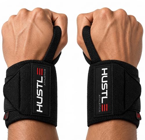 Hustle Athletics Wrist Wraps for Weightlifting - USPA-Approved 18 Wrist Support Straps with Reinforced Thumb Loop for Bench Press Squats & Overhead Press - Heavy-Duty Gym Wraps for Men and Women