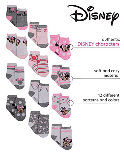 Disney Baby Girl Socks - 12 Pack Minnie Mouse, Daisy Duck, Princess Socks for Infants - Newborn Essentials for Girls (0-24M), Size 12-24 Months, Minnie Mouse Pink/Grey