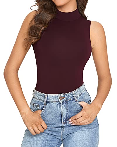 INLYRIC Femmes Body Sans Manches Justaucorps Col Roulé Bodysuit Sexy Vêtements de Nuit Bordeaux Violet 42 Cover
