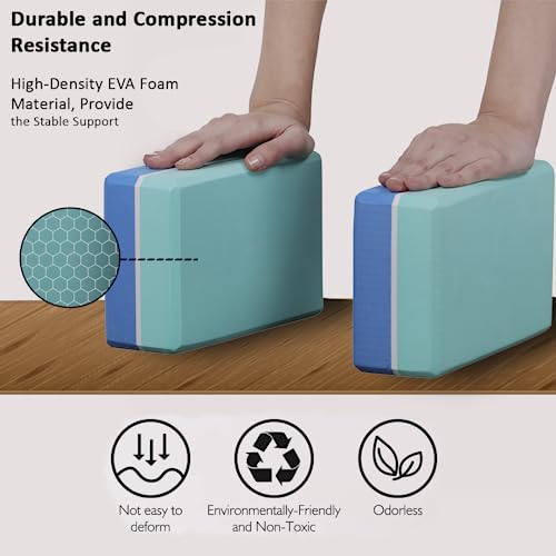 Image of De Jure Fitness Yoga Block - Non-Slip EVA Foam, Latex-Free with Beveled Edges for Stability & Balance - Ideal Yoga Accessory for Stretching, Pilates, & Meditation Support, Blue-Green - Pack of 2
