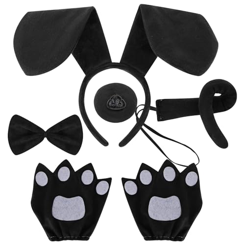 VGMANNTA 5PCS Puppy Dog Costume Set Costumes for Dogs Accessories Dog Ears Headband Puppy Paws Gloves Tail Fake Nose Bow Tie Dog Fancy Dress Costumes for Cosplay Halloween Party-Black