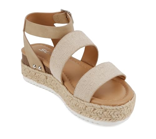 Image of Soda BRYCE-2 Kids /Children /Girls Open Toe Two Bands Espadrille Jute Platform Wedge Casual Fashion Flatform Sandals with Buckle Ankle Strap