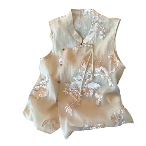 Gilet brodé vintage style chinois en coton léger pour femme