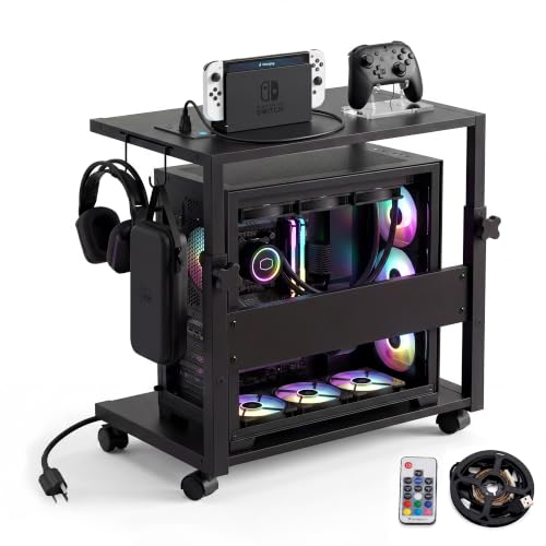 Computer Tower Stand with LED Light Strip,23.6'' × 15.7'' Mobile Rolling CPU Holder,Height Adjustable PC Tower Stand with Charging Station for Office Home (Black,Large)