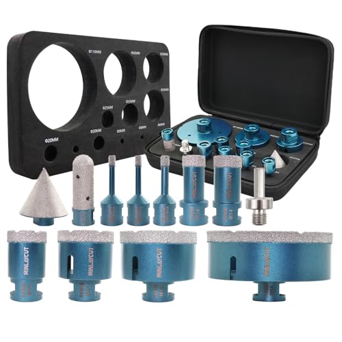 MINLAYCUT Forets Carrelage Diamant Trépans - M14 Jeu de scie à carreaux Jeu de 12 mèches diamantées 6/6/8/20/25/35/50/68/110mm+20F+50B+adaptateur pour le...