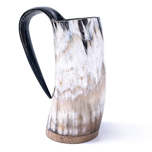 Norse Tradesman Original Lg Viking Drinking Horn Mug - 100% Authentic Beer Horn Tankard With Rosewood Base & Burlap Gift Sack | The Original, Polished, Approx. 16 Oz #TOP4