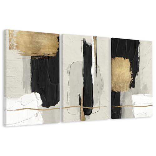 Image of DUWQU Abstract Brushstrokes Canvas Wall Art Black White Gold 20x30 inch x3 | Wooden frame, UV-resistant ink, Giclee printing process, Pre-installed hooks make it easy to hang home or office wall decor