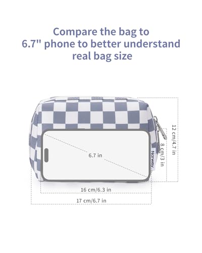 Narwey Small Checkered Makeup Bag for Purse Mini Cosmetic Bag Travel Makeup Pouch Zipper Pouch Cute Make up Bags with Compartments for Women Girls (Grayish Blue Checkerboard, Small) - Thumbnail 4