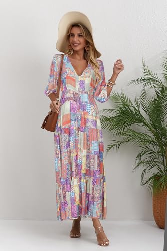 Image of Women Short Sleeve V Neck Floral Print Casual Bohemian Maxi Dresses