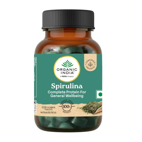 Image of A TATA Product - Organic India Spirulina - 120 Tablets, Natural Amino Acids, Protein Powerhouse, Plant-Based Superfood, For Hair, Skin, Nails & Overall Health
