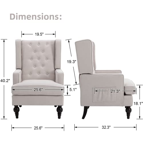 Lukealon Button Tufted Linen Accent Chair, Upholstered Club Chair With Wooden Legs Vintage High Wingback Reading Chair Comfy Armchair With Pocket For Living Room Bedroom, Beige #TOP1