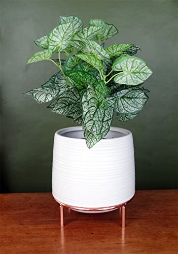 Leaf Indoor Cachepot Planters, White Ceramic Gold Stand, 18cm - Image 2