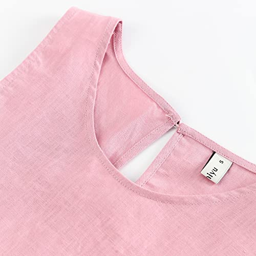 Image of Amazhiyu Women's 100% Linen High Low Midi Dress with Pocket | Summer Casual Flowy Dresses, Sleeveless Crewneck Dresses, Solid Color