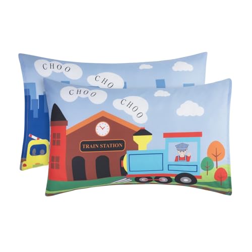 Image of EVERYDAY KIDS 4 Piece Toddler Bedding Set -Choo Choo Train- Includes Comforter, Flat Sheet, Fitted Sheet and Reversible Pillowcase