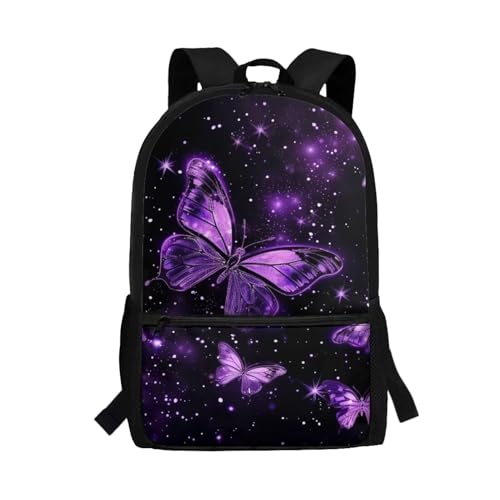 Purple Butterfly Print Backpack for Girls 5th Grade Girl Kids Backpack 15 Inch Fashion Rucksack Waterproof Travel Daypack, Back to School Gifts
