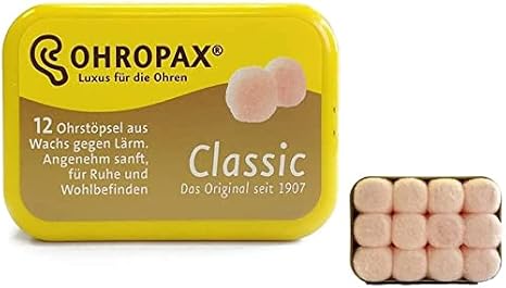 Ohropax Reusable Wax/Cotton Ear Plugs (24 Plugs Total)(1 Clear Carrying Case) - Ear Plugs for Sleeping Noise Cancelling, Swimming, Shooting Ear Protection, and a snoring Solution.