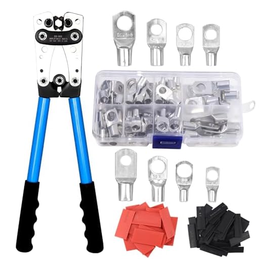 Pince a Sertir,AWG 10-0,6/10/16/25/35/50 mm² pince à sertir cosses avec Bornes à anneau en cuivre +60 PCS de gaine thermorétractable pince a sertir electrique multicouche Cliquet de sertissage pince