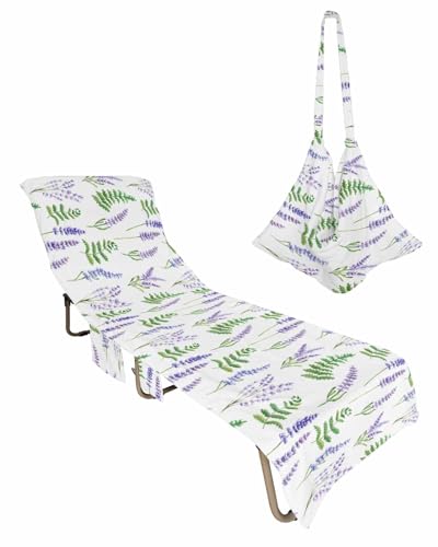 Purple Lavender Beach Lounge Chair Towel Cover, Soft Chaise Lounge Towel with Side Pockets Patio Pool Chairs Cover for Beach/Pool Sunbathing 29x85 Green Leaves Spring Summer Botanical White