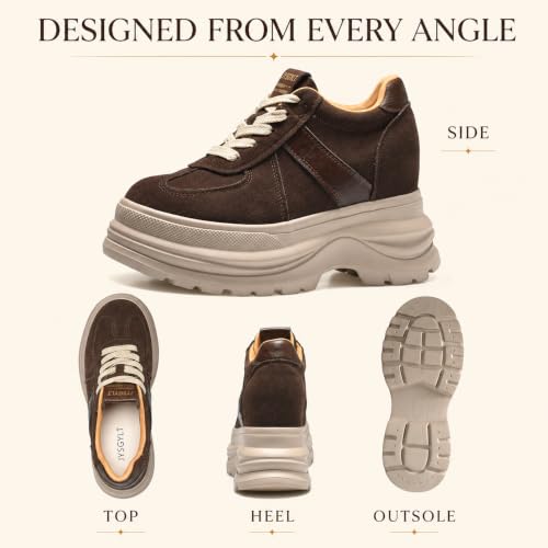 Image of Comfortable Women's Platform Sneakers, 5 Inch Heel Wedge Sneakers for Women, 12cm High Chunky Platform Shoes, Genuine Suede Leather Upper Casual Walking Shoes for Office Working Everyday wear