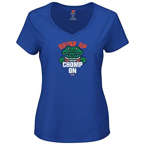 Smack Apparel Florida Football Fans. Drink Up Chomp On. Royal Ladies T-Shirt (Xs-2X) (V-Neck, Medium)