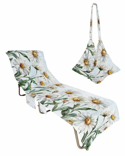 Blue Daisy Floral Beach Lounge Chair Towel Cover, Soft Chaise Lounge Towel with Side Pockets Patio Pool Chairs Cover for Beach/Pool Sunbathing 29x85 Vintage Botanical Spring Flower Painting Art
