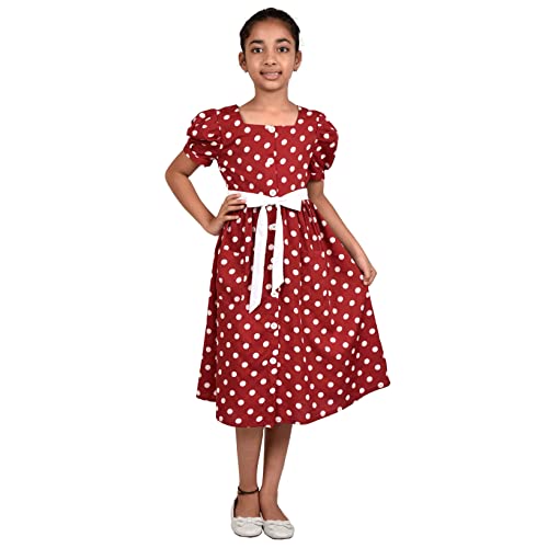Image of Maroon White Polka DOT Printed Girls Dress with Square Neck & Front Placket Opening