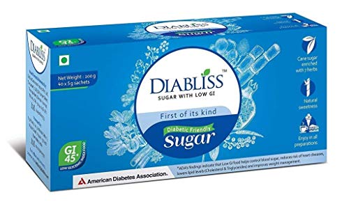 DiaBliss Diabetic Friendly Herbal Cane Sugar with Low Glycemic Index (GI) – 40 x 5 Grams Sachet Box – Pack of 2 DiaBliss Diabetic Friendly Herbal Cane Sugar with Low Glycemic Index (GI) – 40 x 5 Grams Sachet Box – Pack of 2