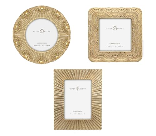 GIFTY GIFTY Classic Gold 1920s Mini Frame Set/Set of 3/2.5x2.5 & 2.5x3.5 In | For Tabletop Display | Perfect for Home Decor, Wedding, Graduation, Or Milestone Photos