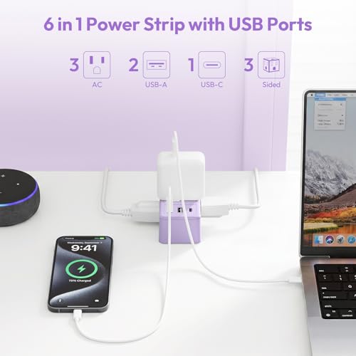Image of NTONPOWER Double Extension Cord 12 FT, Twin Extension Cord Splitter, 6 FT Purple Extension Cord on Each Side, 20W USB C & 2 USB A & 3 Outlets, Split Power Strip with Flat Plug for Home Dorm Room