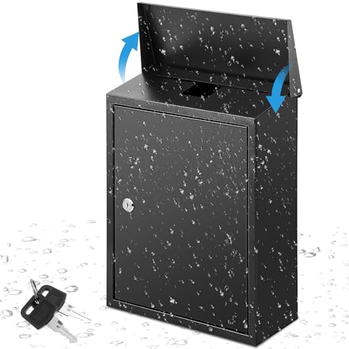 Yaocom Boîte aux lettres murale en métal verrouillable avec 2 clés pour l'extérieur, boîte à suggestions, boîte à dons, boîte aux lettres sécurisée à suspendre avec 2 clés pour bureau, jardin (noir,