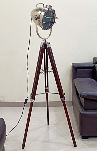 Lampadaire trépied moderne industriel vintage en métal et bois pour cinéma nautique