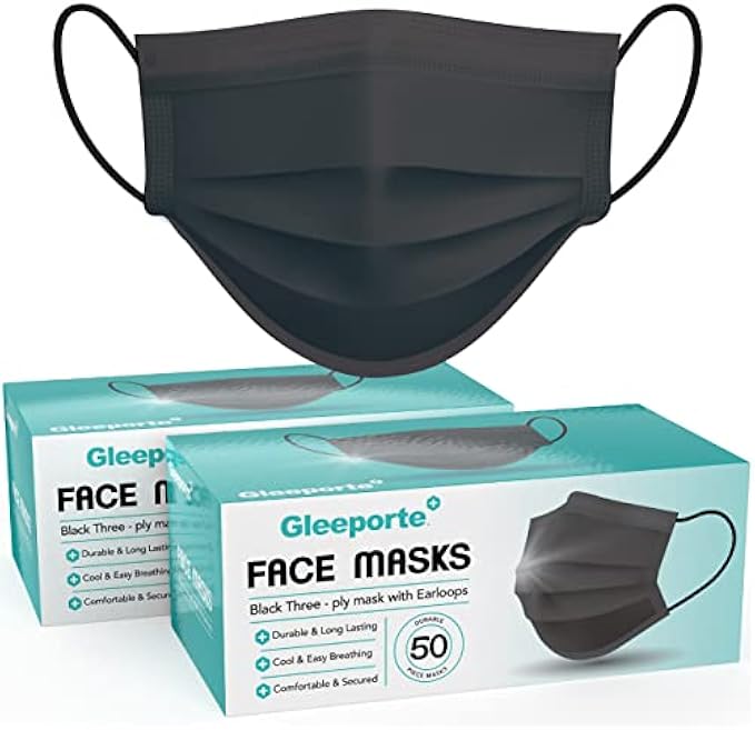 [Pack Of 100] Black Disposable Face Mask, 3-Ply Adult Masks, Facial Cover with Elastic Earloops For Home, Office, School, and Outdoors