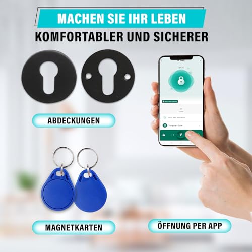 Türschloss Fingerabdruck, Smart Lock, Elektronisches Türschloss - Für Innentüren mit einer Stärke von 35-55 mm – smartes Türschloss – Per App gesteuert – mit Rosette und 2 Magnetkarten - Schwarz