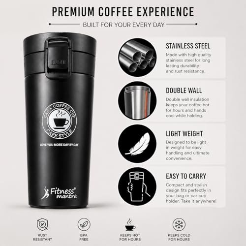 Image of Fitness Mantra Stainless Steel Coffee Mug 380ml | Double Wall Insulated Travel Mug | Leak Proof Lid | Hot & Cold Thermal Cup | Portable & Lightweight for Office, Car & Travel
