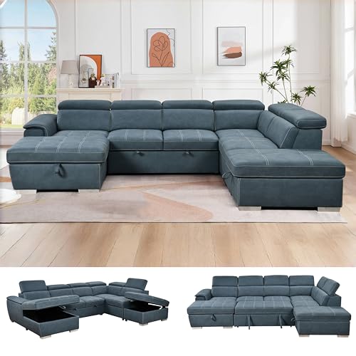 THSUPER 127'' Microfiber Oversized U Shaped Sectional Sleeper Sofa Couch with Pullout Bed, 7 Seat Couches with Adjustable Headrest, Sofas with Storage Chaise and Ottoman for Living Room. Navy Blue