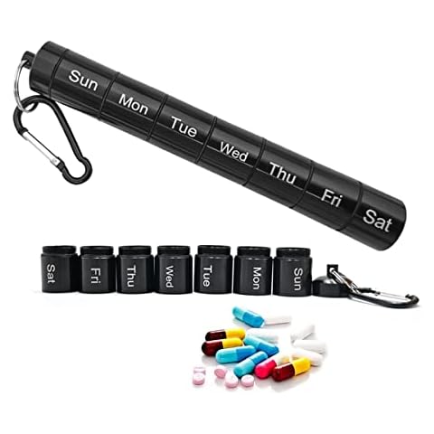 Aluminum Alloy Weekly Pill Case Holder Portable 7 Compartments Pill Case Waterproof Travel Pill Bottle Container with Keychain and Carabiner Perfect Medicine Organizer for Traveling Camping Hunting Cover