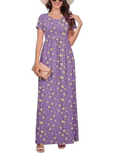 Image of DEARCASE Maxi Dress for Women Short Sleeve Casual Summer Loose Plain Comfy Long Dresses with Pockets