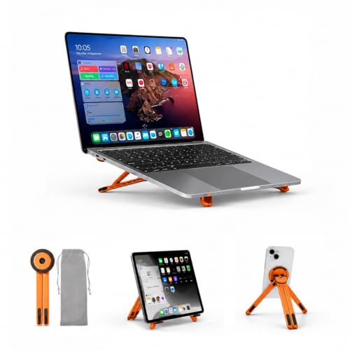 Image of Bigsmall Adjustable Foldable Laptop Stand with Magnetic Phone Holder - Anti-Slip Aluminium Alloy Stand for Laptop, Tablet & Mobile (4-16 Inch Compatible, Portable & Lightweight) (Orange Pack of 1)